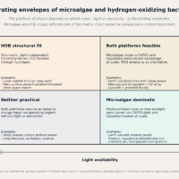 Operating-envelope matrix for protein platforms. Microalgae and HOB occupy different cells defined by light and electricity availability; platform choice depends on which input binds in a given context, not on a single efficiency metric. Compiled by SSHD.